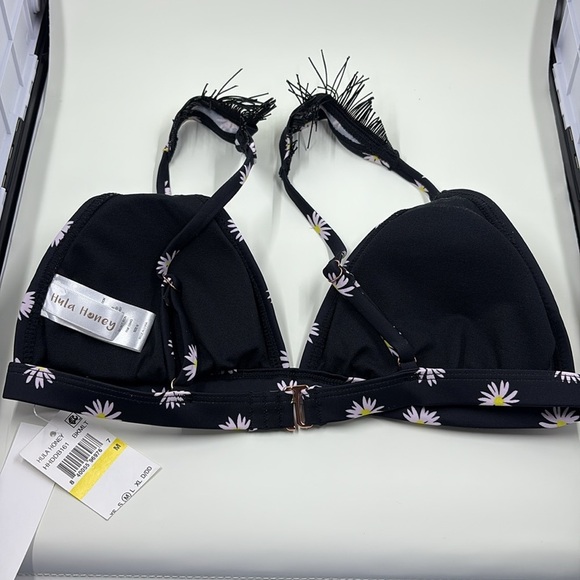 Hula Honey Large Daisy Dog Print Ruffle Triangle Bikini Top Black M NWT - Picture 3 of 8